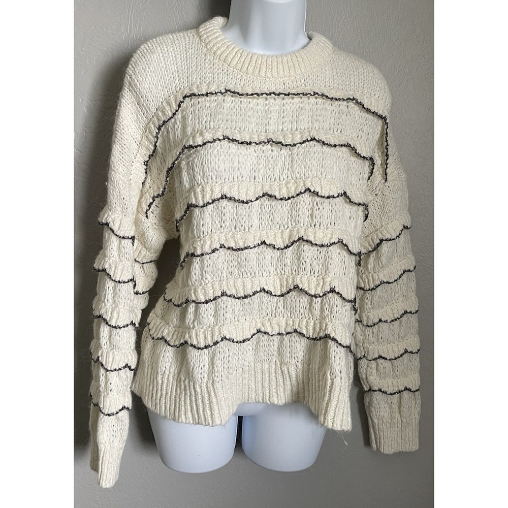 Zara Knit Chunky Sweater Ivory With Ruffles Womens Size Medium Crochet